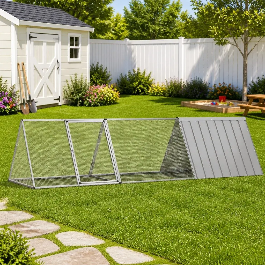 Rabbit Cage Galvanised Steel 302.5x80.5x71cm Grey Enclosure Playpen