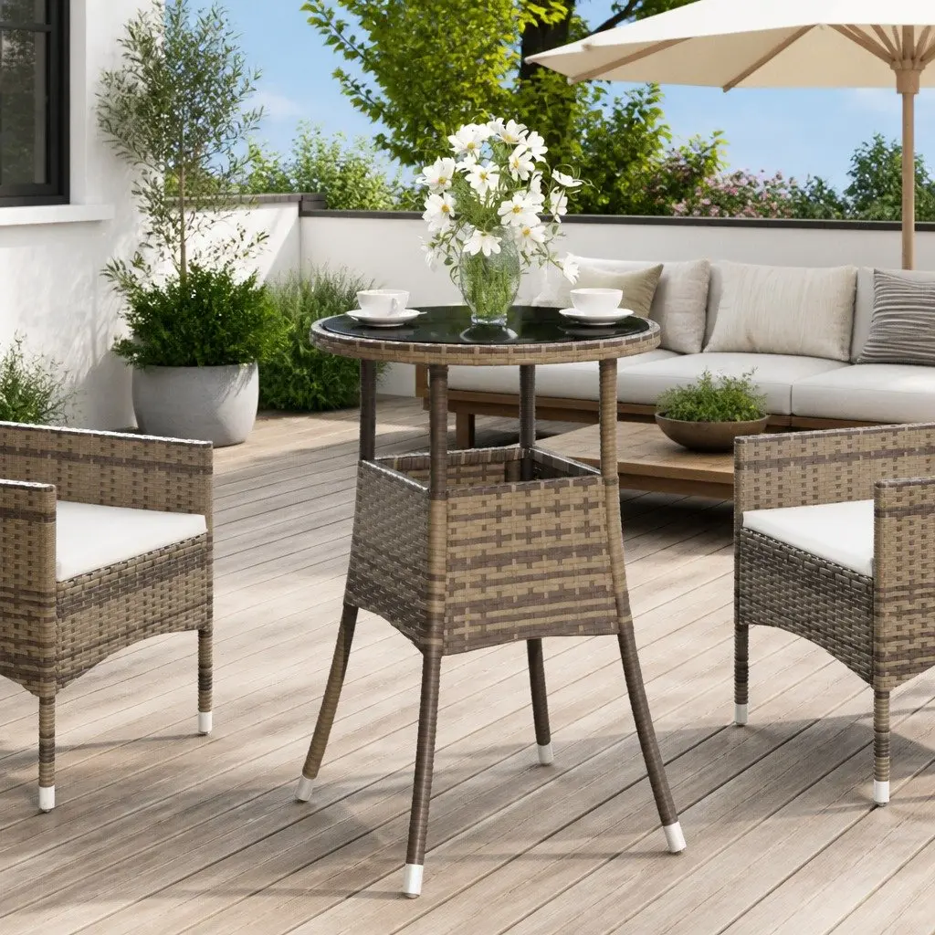 Garden Table with Tempered Glass Top and Rattan Frame