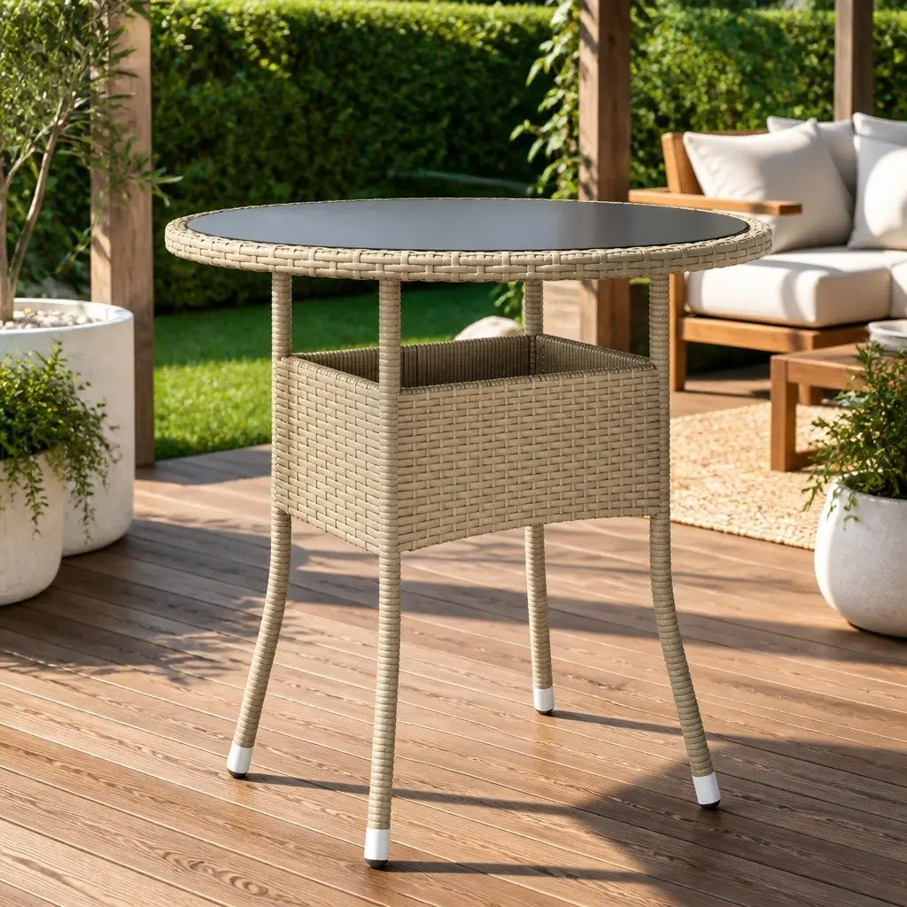 Garden Table Ø80cm with Tempered Glass Top