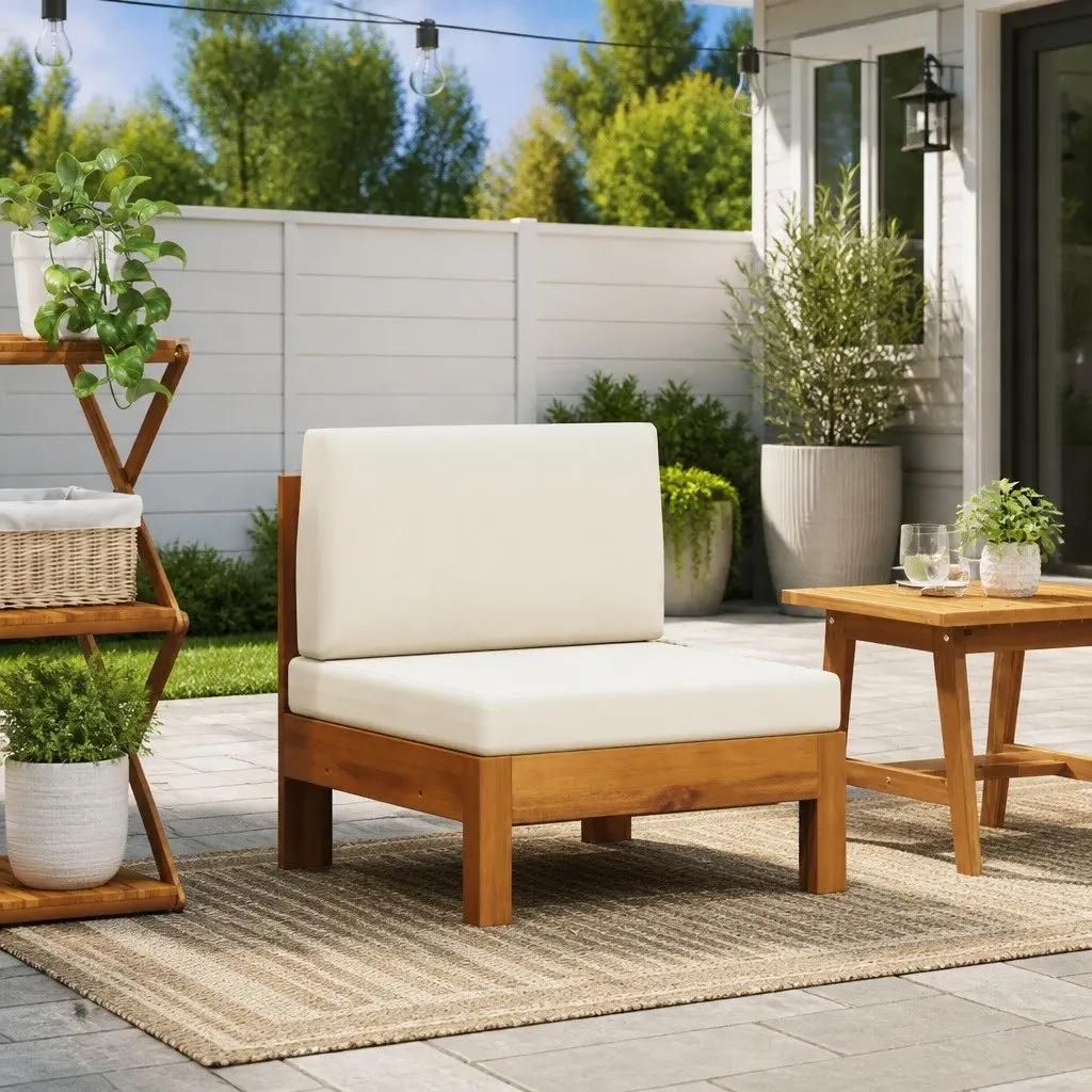 Solid Acacia Wood Middle Sofa with Cream Cushions