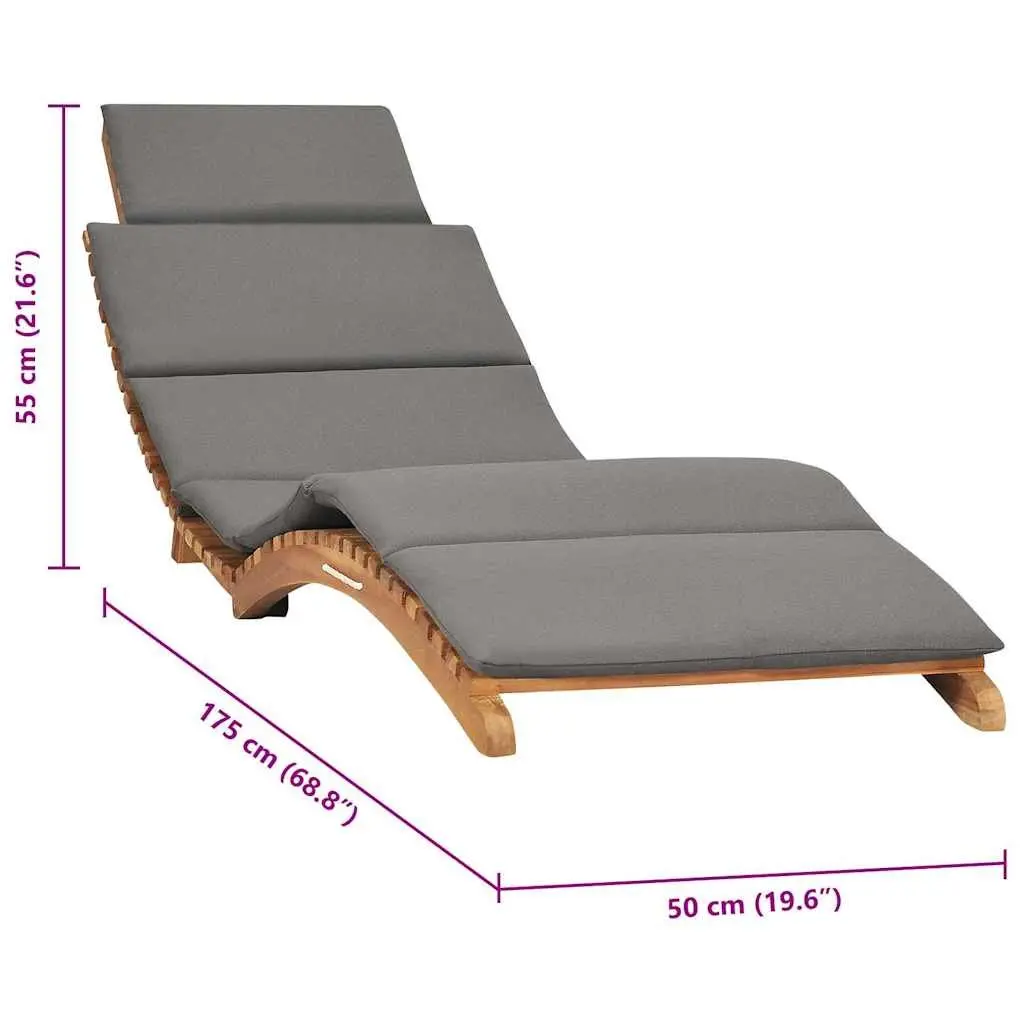 Sun Lounger Teak Wood Grey Folding Outdoor Recliner with Cushion