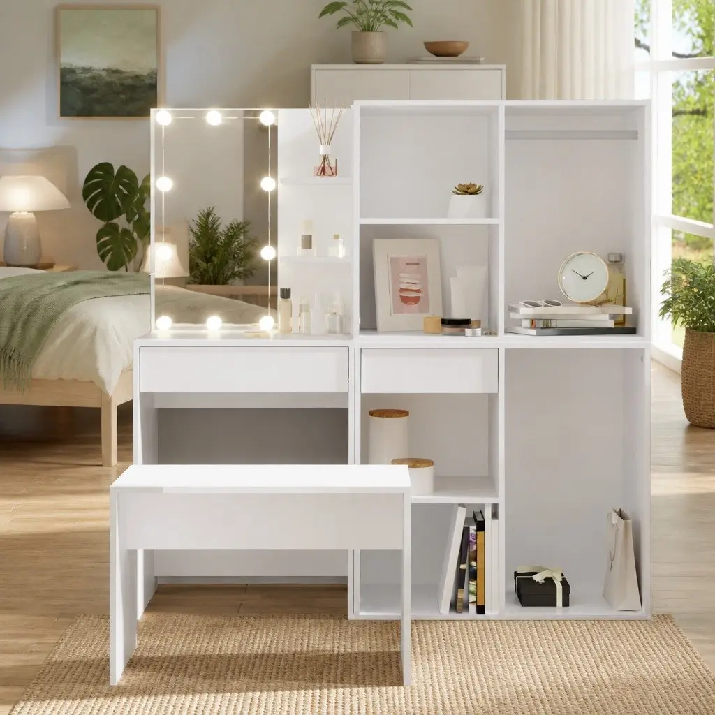 LED Vanity Dressing Table Set with White Mirror and Stool