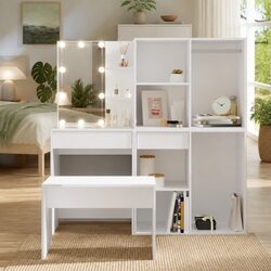 Dressing Table Set with LED Mirror White Bedroom Vanity Stool Storage Makeup