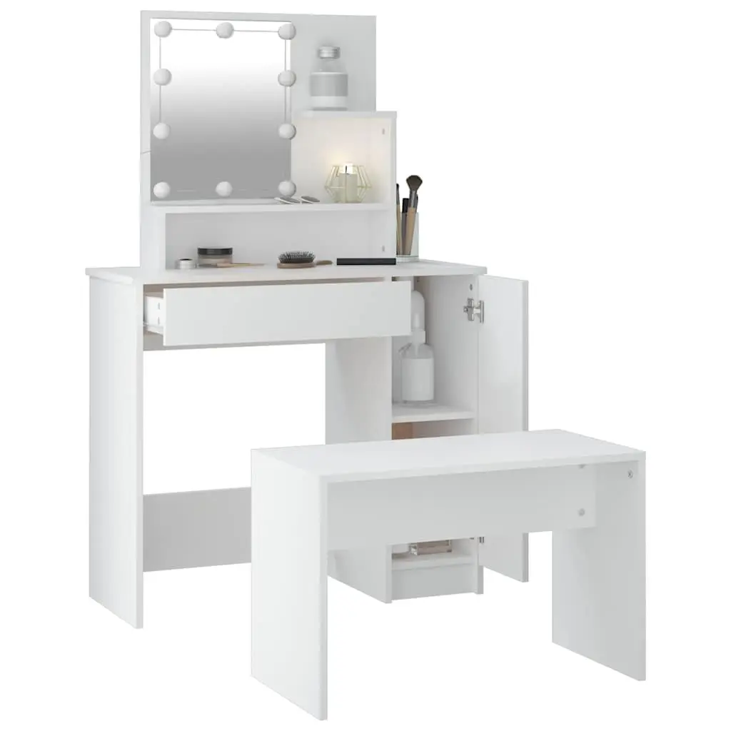White Dressing Table Set with LED Mirror and Stool
