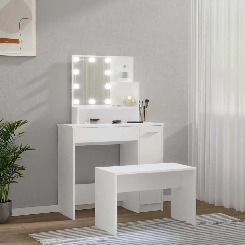 White Dressing Table Set with LED Mirror and Stool