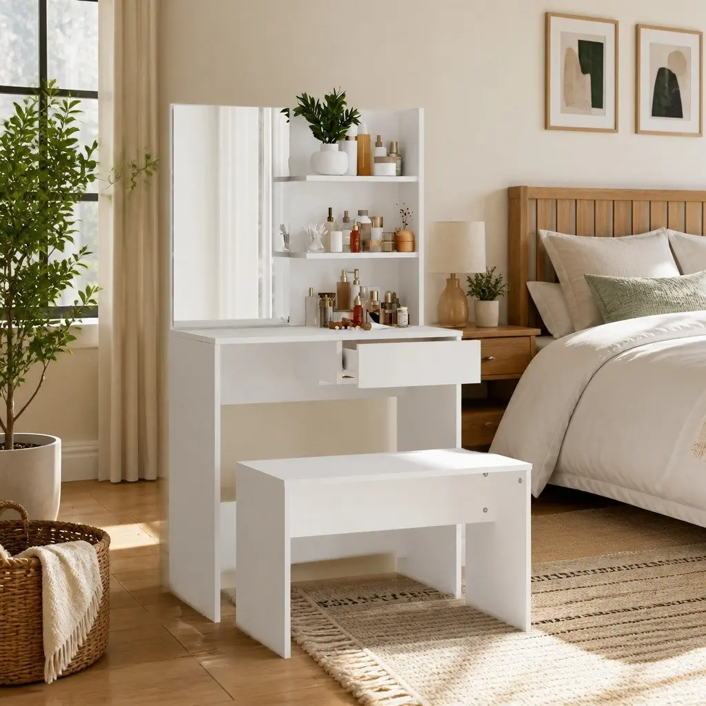 White Dressing Table Set with Mirror and Stool