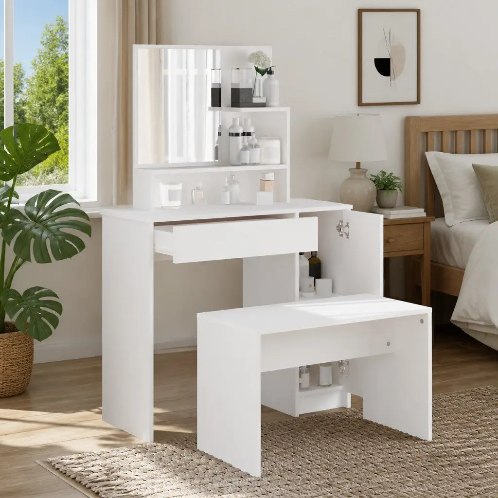 White Dressing Table Set with Vanity Mirror and Stool