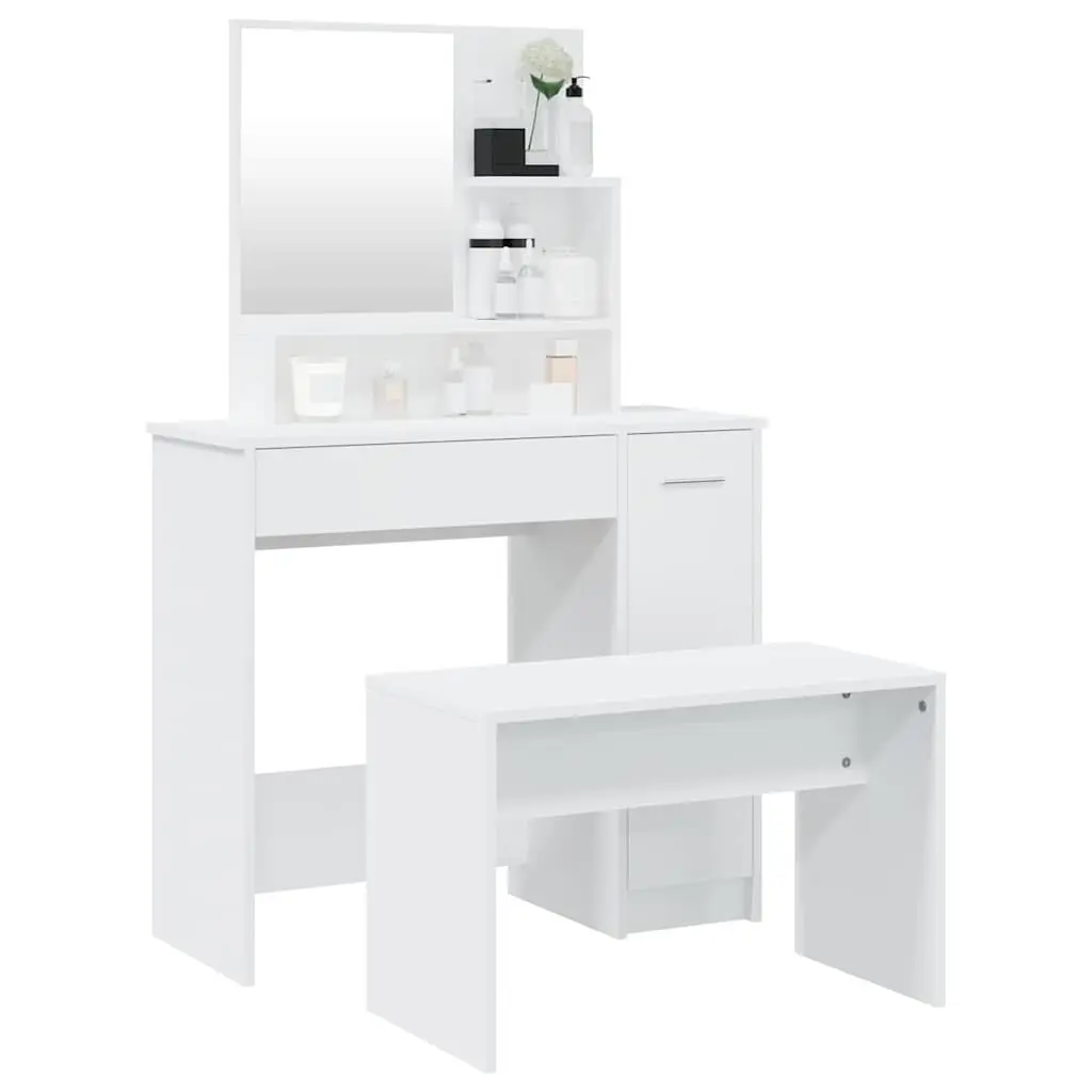White Dressing Table Set with Vanity Mirror and Stool