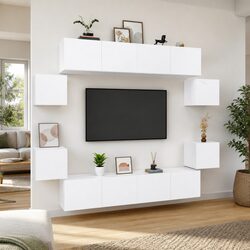 8 Piece White Wall-Mounted TV Cabinet Set in Engineered Wood