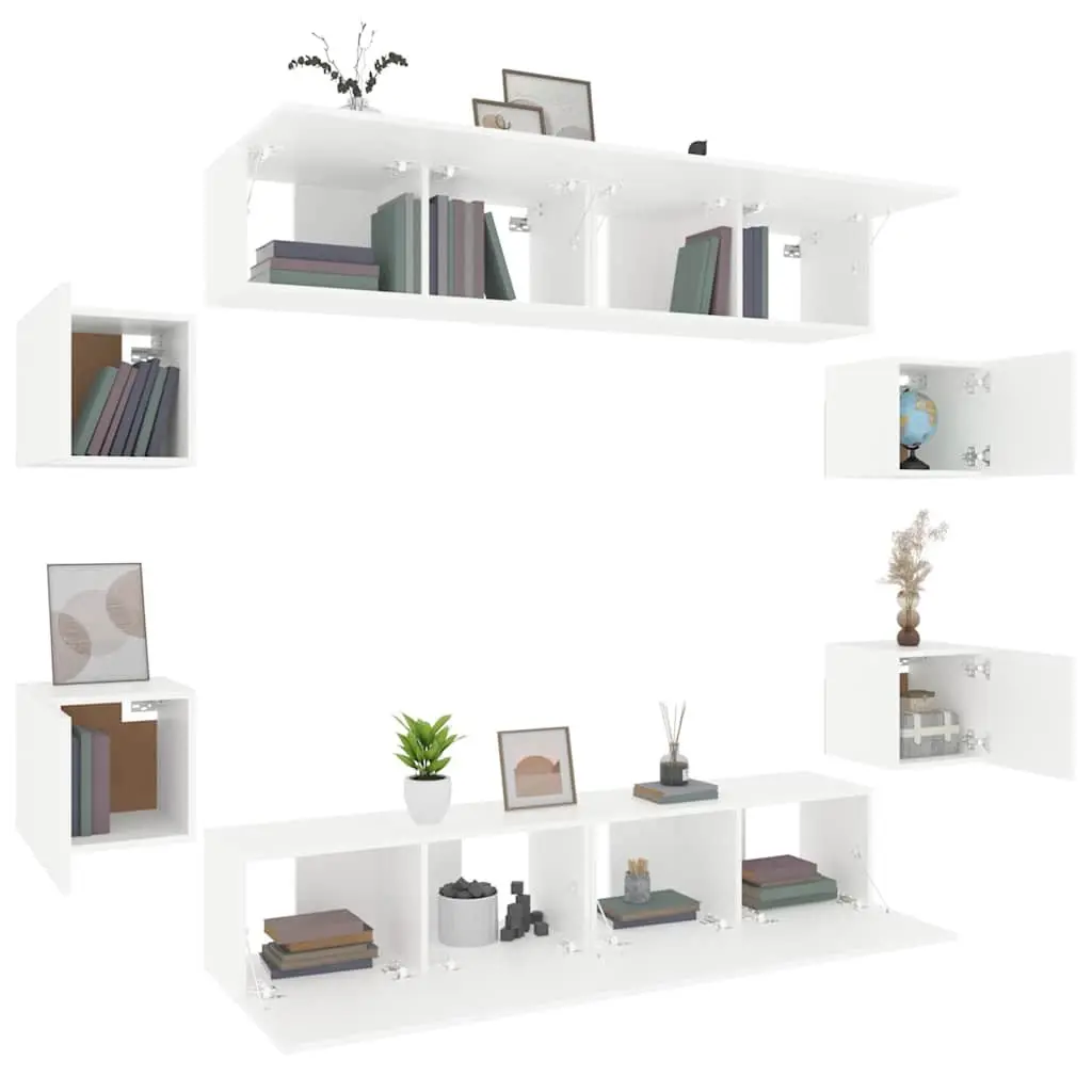 TV Cabinet Set Engineered Wood 8 Piece White Wall-Mounted Storage Unit