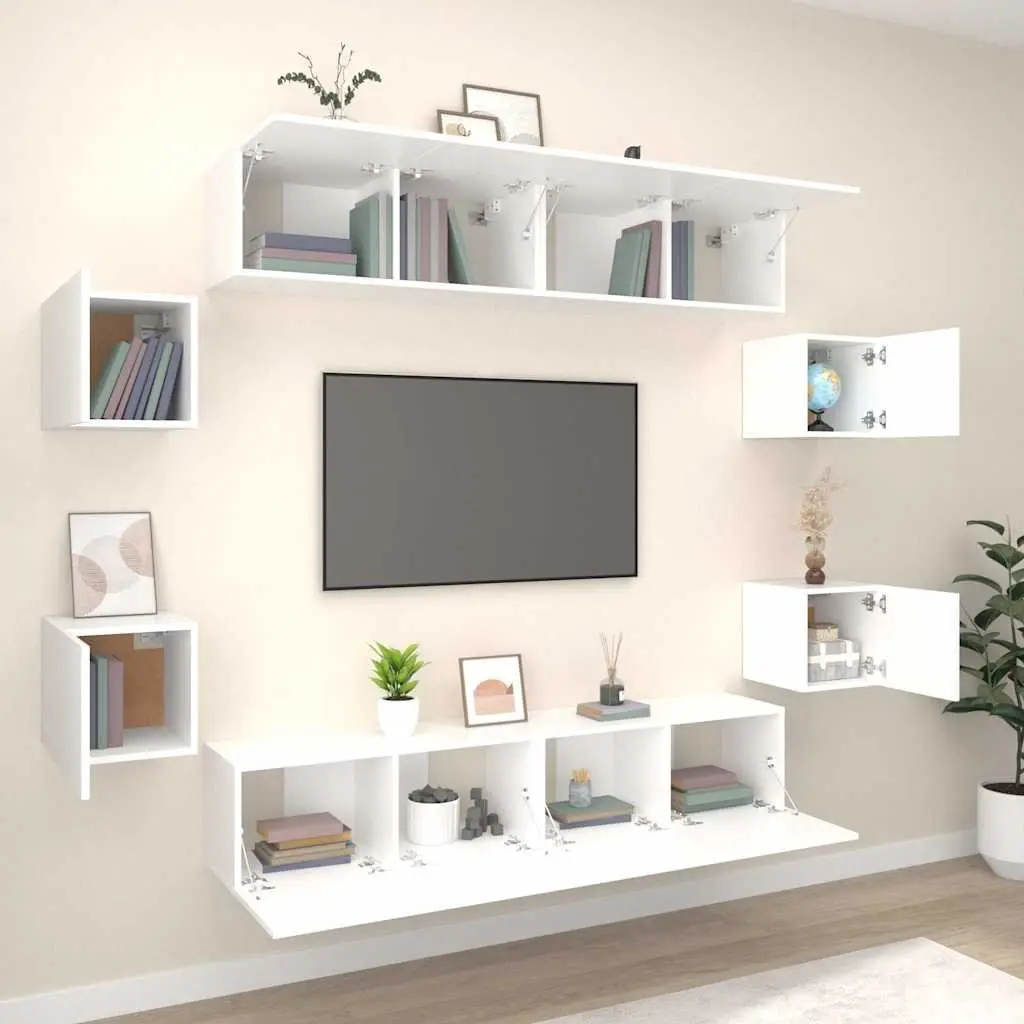 TV Cabinet Set Engineered Wood 8 Piece White Wall-Mounted Storage Unit