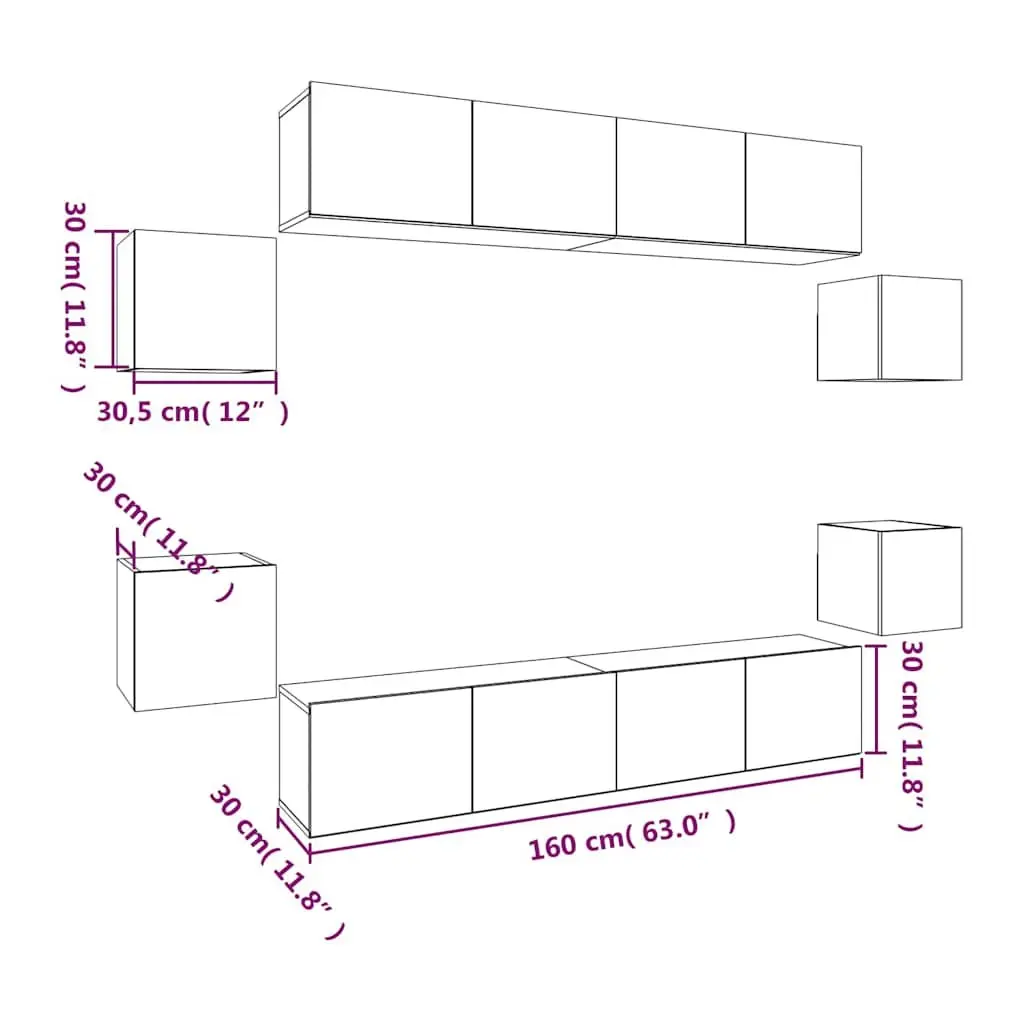 TV Cabinet Set Engineered Wood 8 Piece White Wall-Mounted Storage Unit