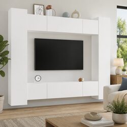 Wall-Mounted 8 Piece TV Cabinet Set in White