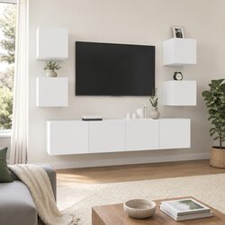 White TV Cabinet Set 6 Piece Wall-Mounted Engineered Wood Storage Unit