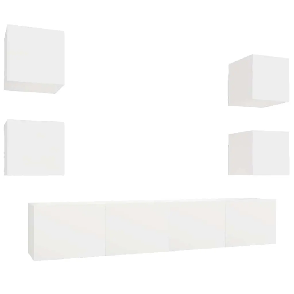 TV Cabinet Set Engineered Wood Wall-Mounted 6 Piece White Storage Unit