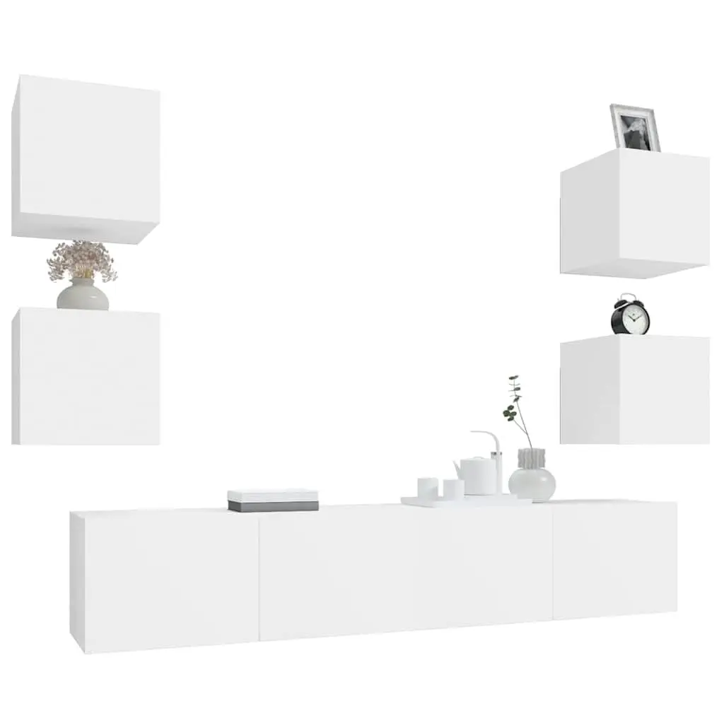 TV Cabinet Set Engineered Wood Wall-Mounted 6 Piece White Storage Unit