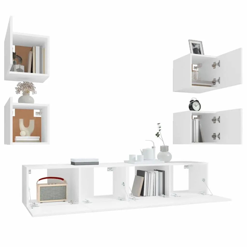 TV Cabinet Set Engineered Wood Wall-Mounted 6 Piece White Storage Unit