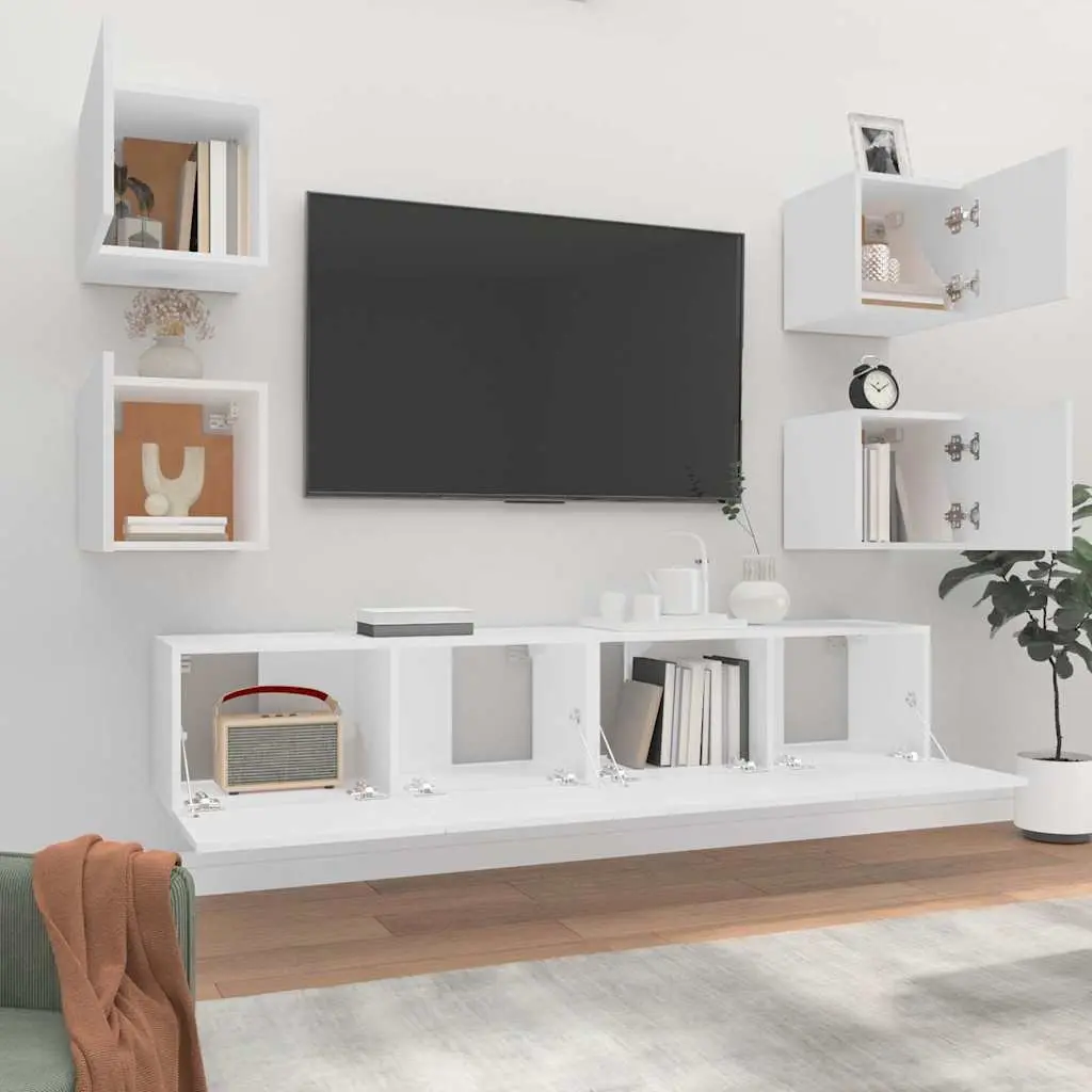 TV Cabinet Set Engineered Wood Wall-Mounted 6 Piece White Storage Unit