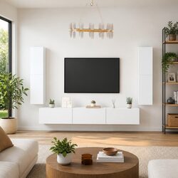 White TV Cabinet Set 7 Piece Wall-Mounted Storage Unit Engineered Wood Design
