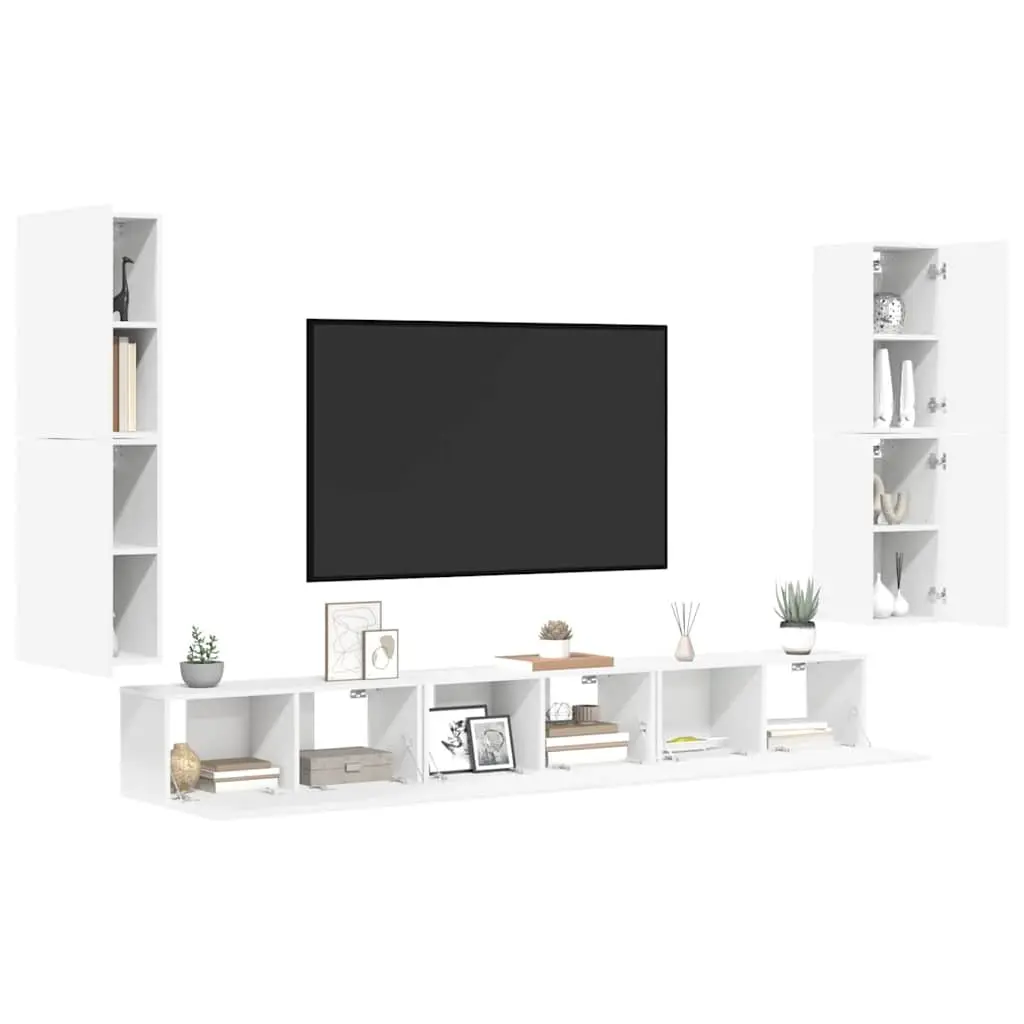 7-Piece White Wall-Mounted TV Cabinet Storage Unit
