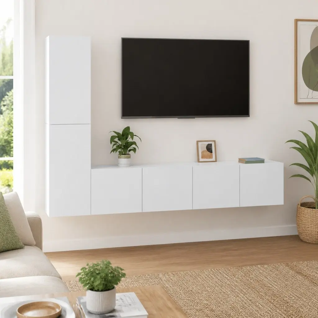 4 Piece White Wall Mounted TV Cabinet Set