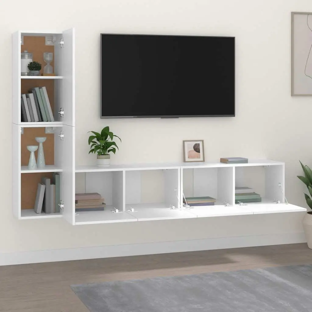 4 Piece White Wall Mounted TV Cabinet Set