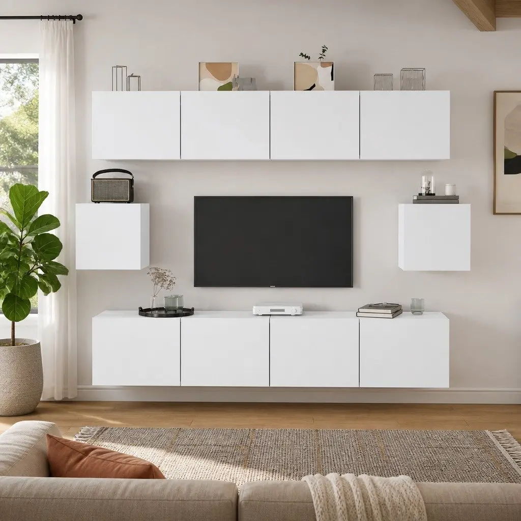 White Wall-Mounted 6-Piece TV Cabinet Set