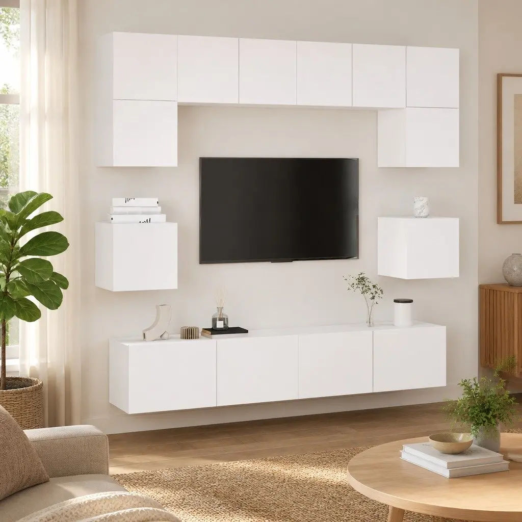 TV Cabinet Set Engineered Wood 8 Piece White Wall-Mounted Media Storage Unit