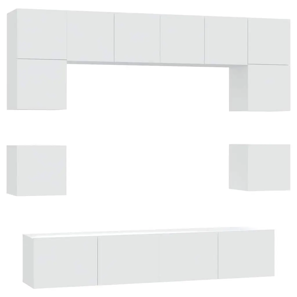 TV Cabinet Set Engineered Wood 8 Piece White Wall-Mounted Media Storage Unit