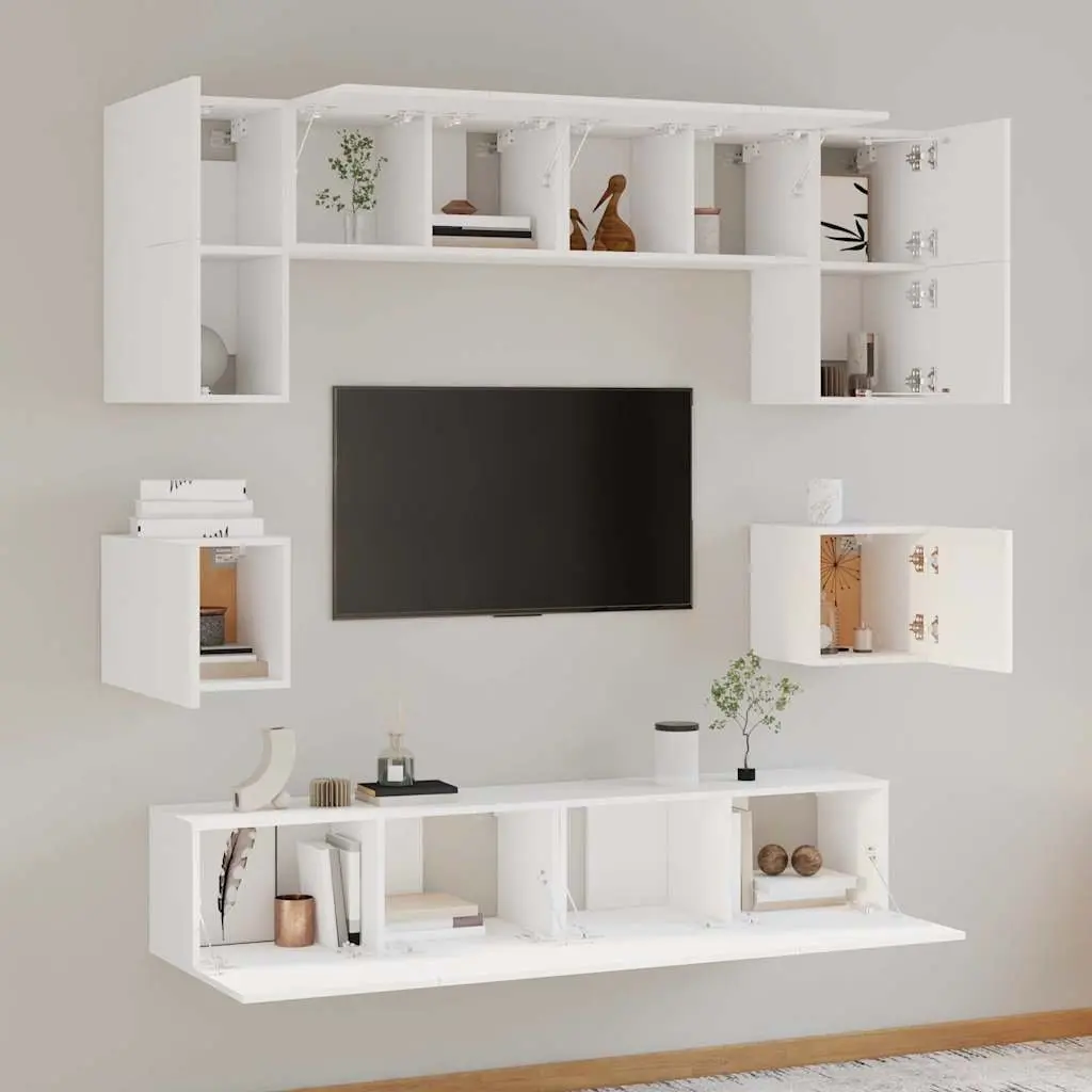 TV Cabinet Set Engineered Wood 8 Piece White Wall-Mounted Media Storage Unit