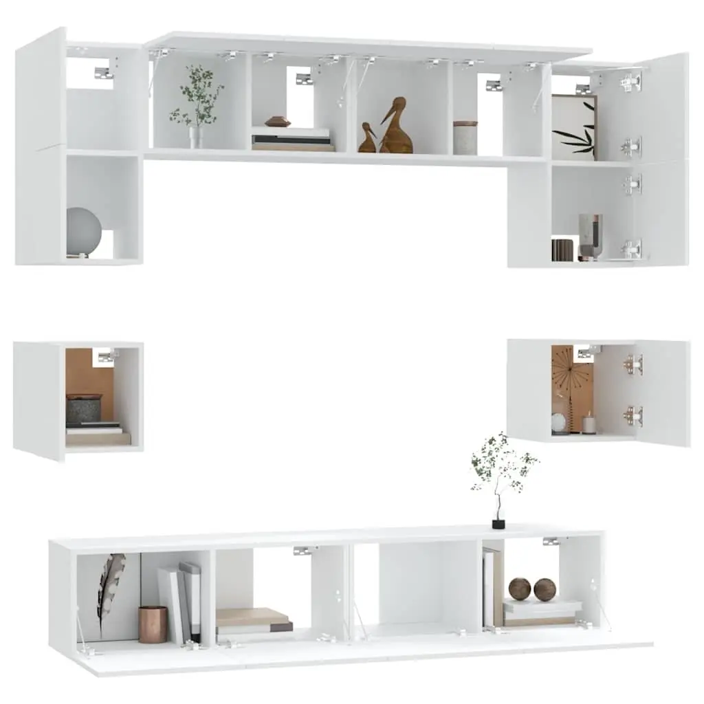 TV Cabinet Set Engineered Wood 8 Piece White Wall-Mounted Media Storage Unit