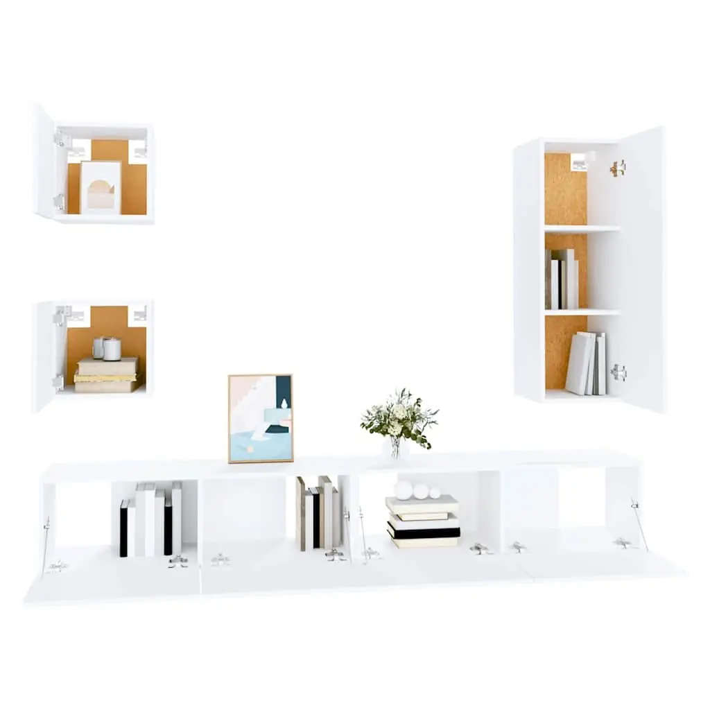 5 Piece White Wall-Mounted TV Cabinet Set
