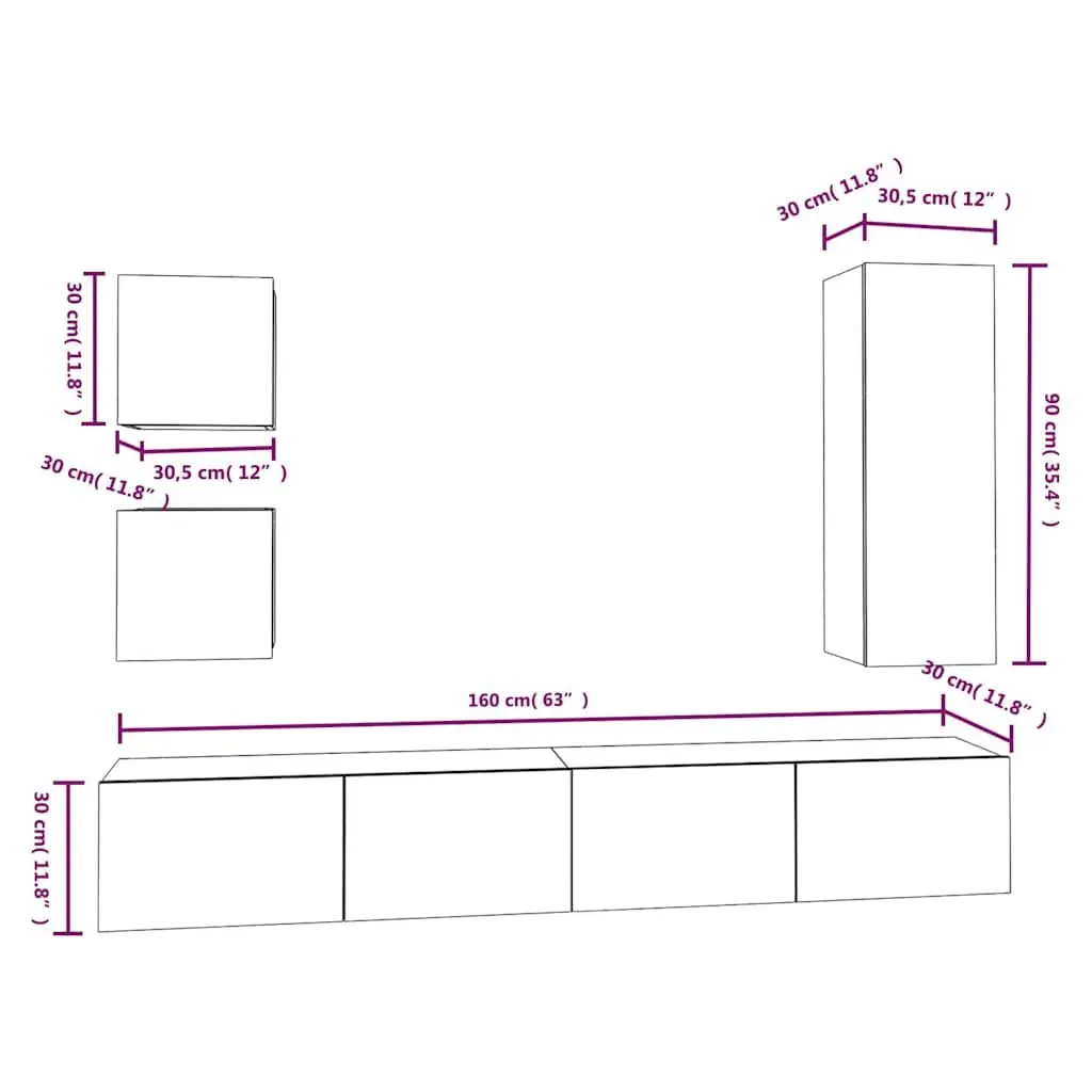 5 Piece White Wall-Mounted TV Cabinet Set