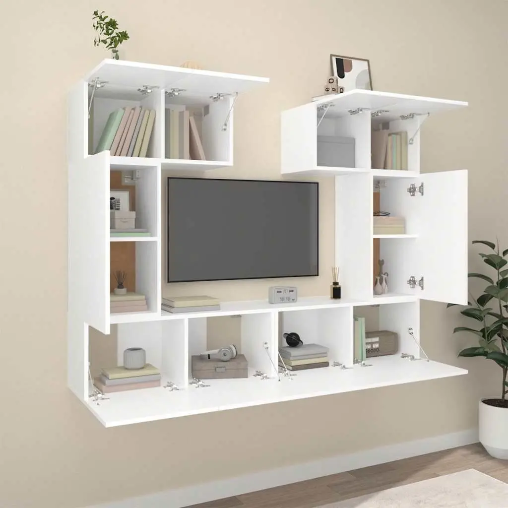 TV Cabinet Set Engineered Wood 6 Piece White Wall-Mounted Storage Unit