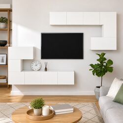 Sleek Wall-Mounted White TV Cabinet with Storage Shelves