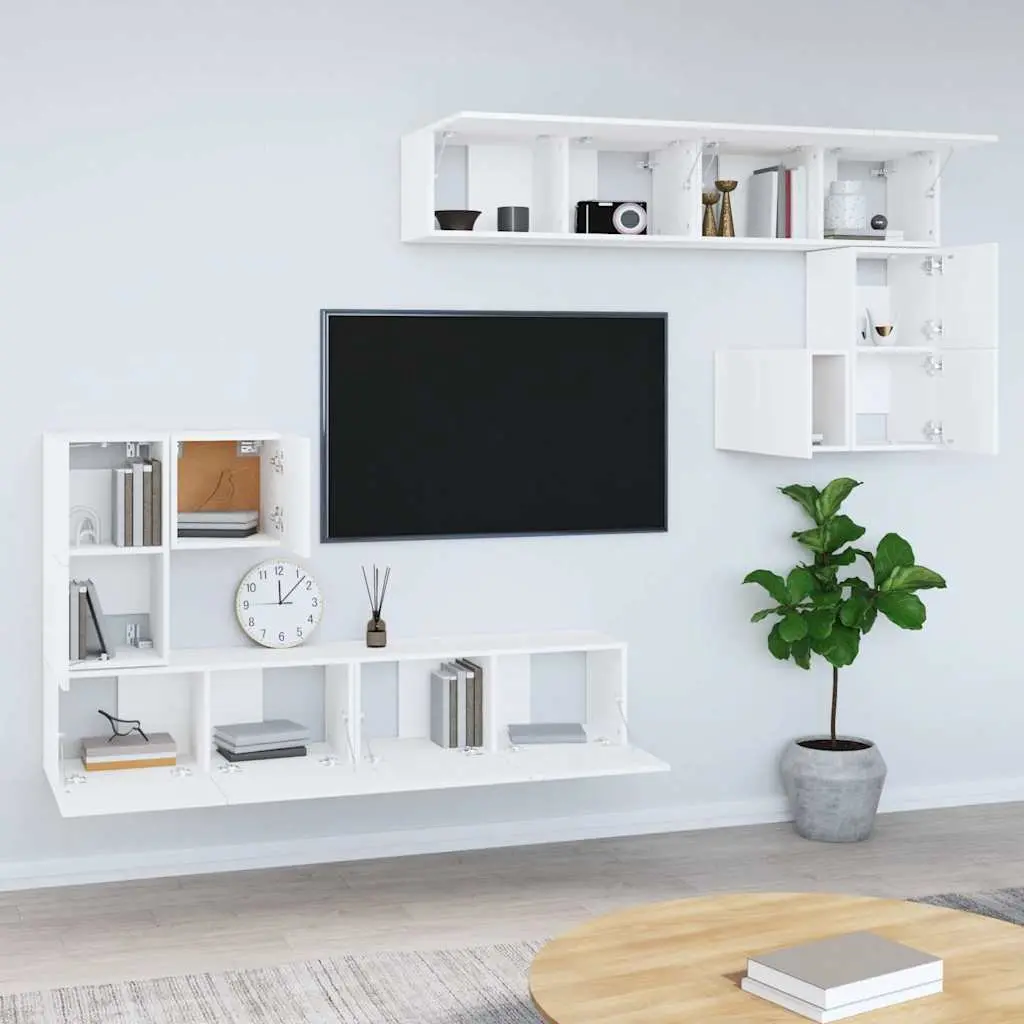 Wall-mounted TV Cabinet Engineered Wood White Floating Storage Unit Shelves