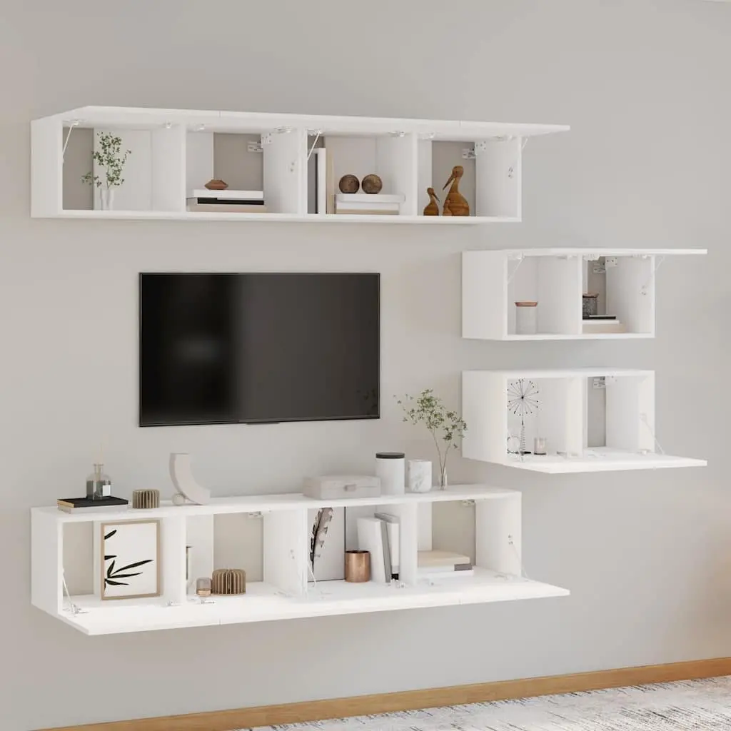 4 Piece TV Cabinet Set White Wall-Mounted Storage Unit Engineered Wood Furniture
