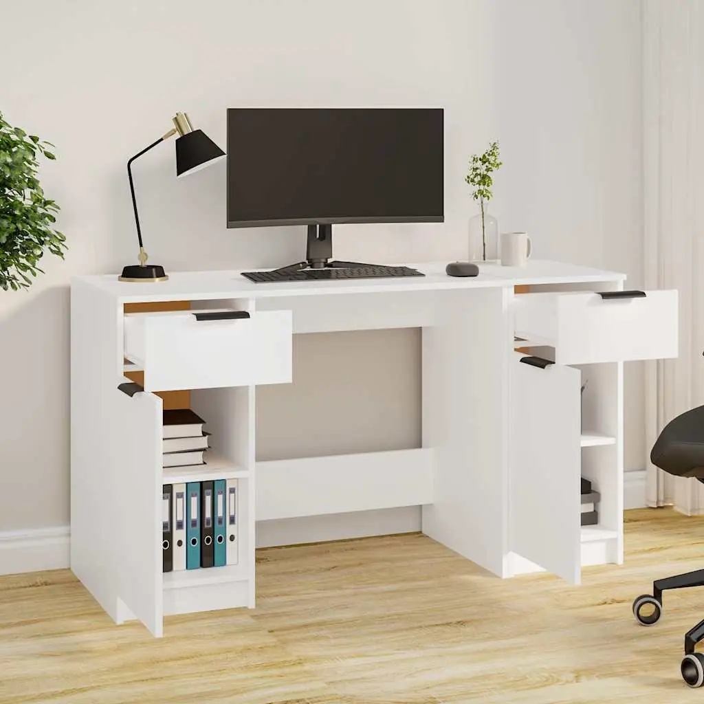 Office Desk with Side Cabinet Storage Compartments Writing Table White