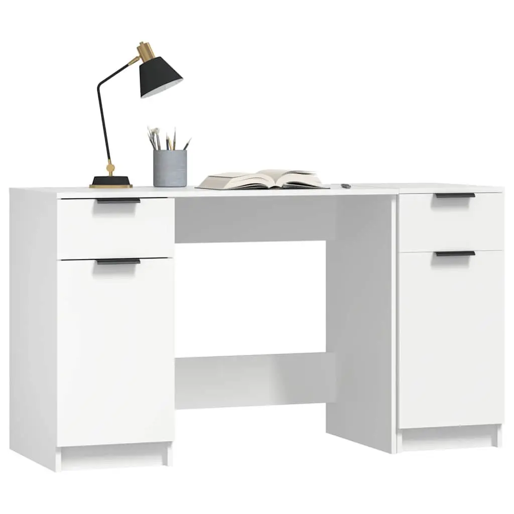 Office Desk with Side Cabinet Storage Compartments Writing Table White