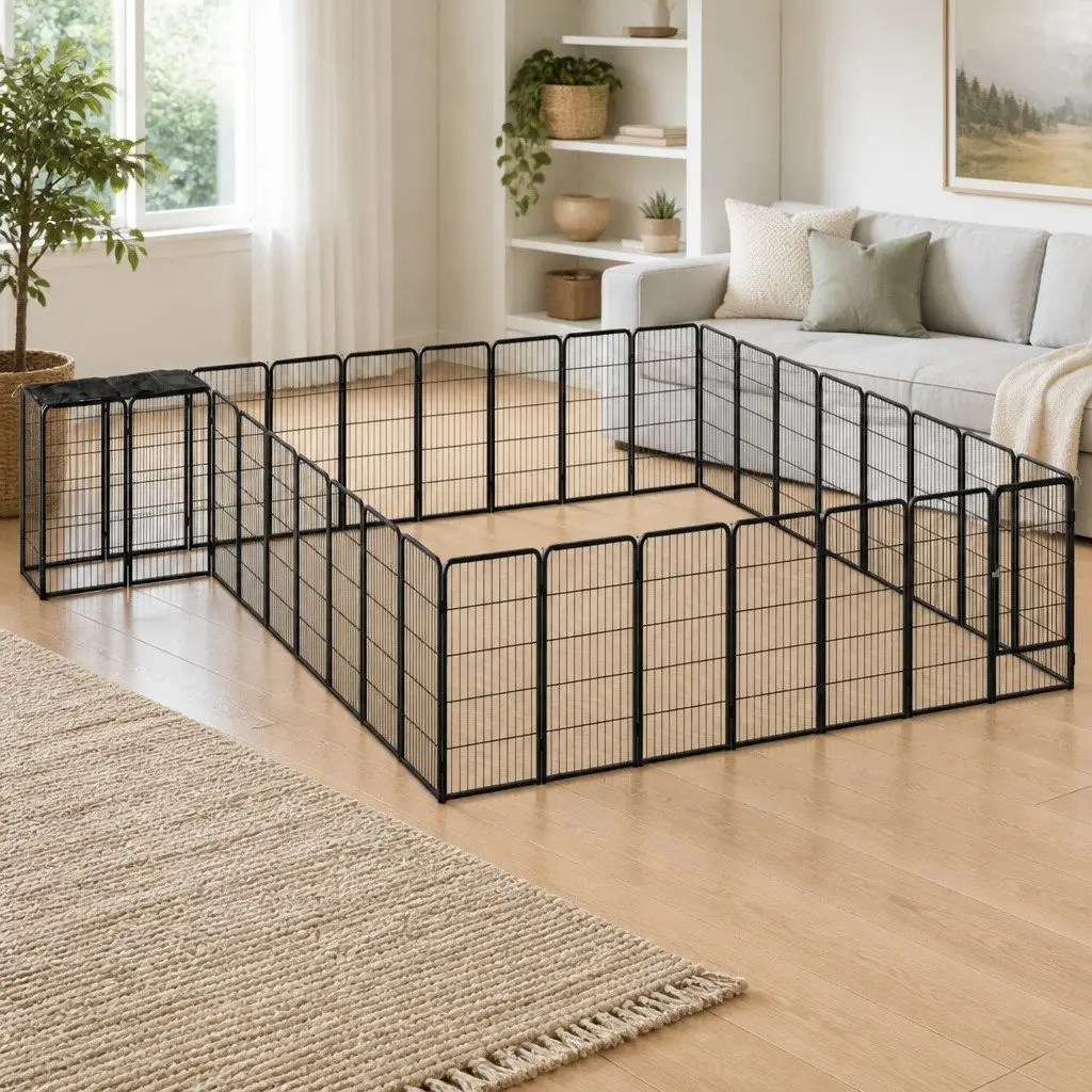 34-Panel Black Steel Dog Playpen for Pets