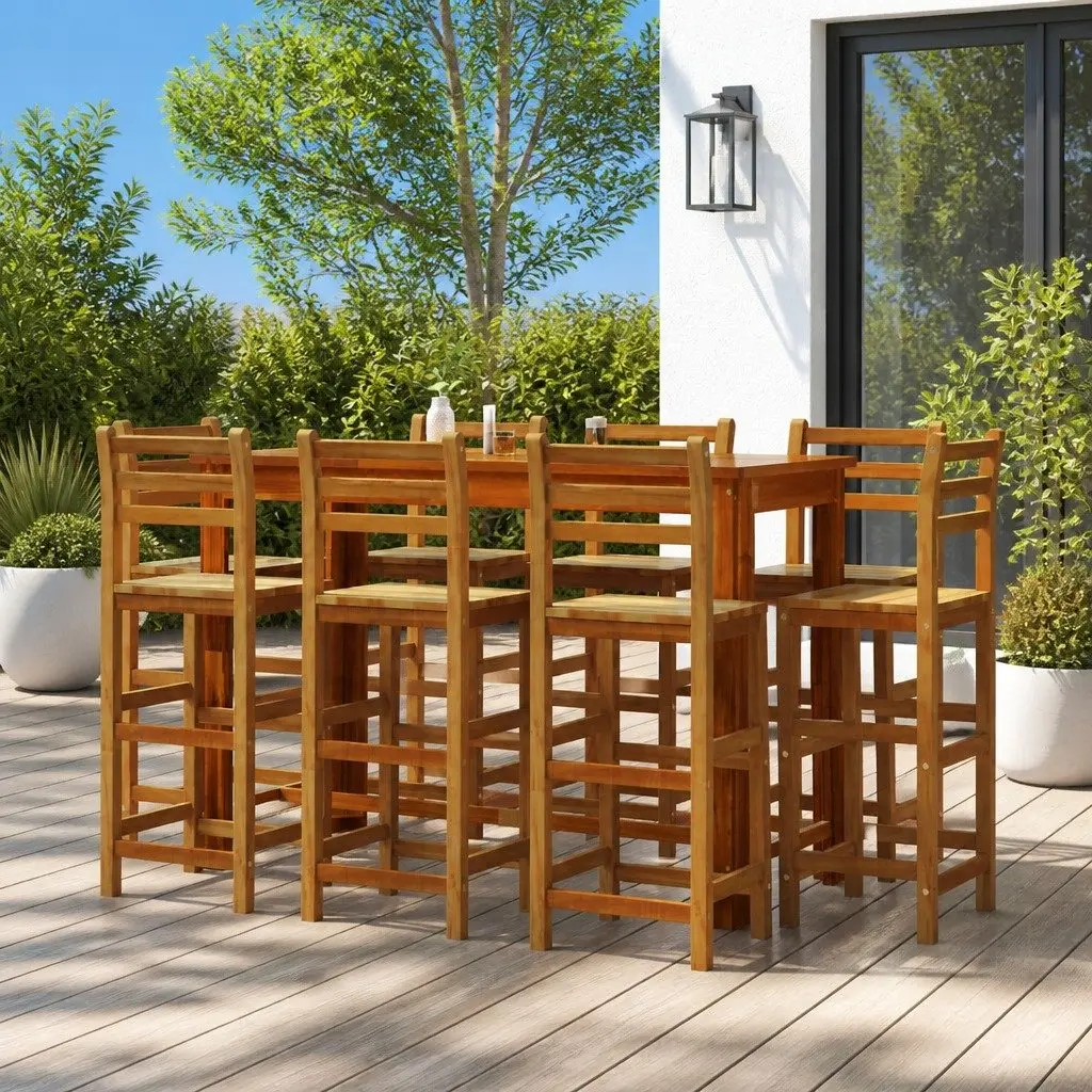 Outdoor Bar Stools Solid Acacia Wood Brown 8 Piece Rustic Garden Seating Set