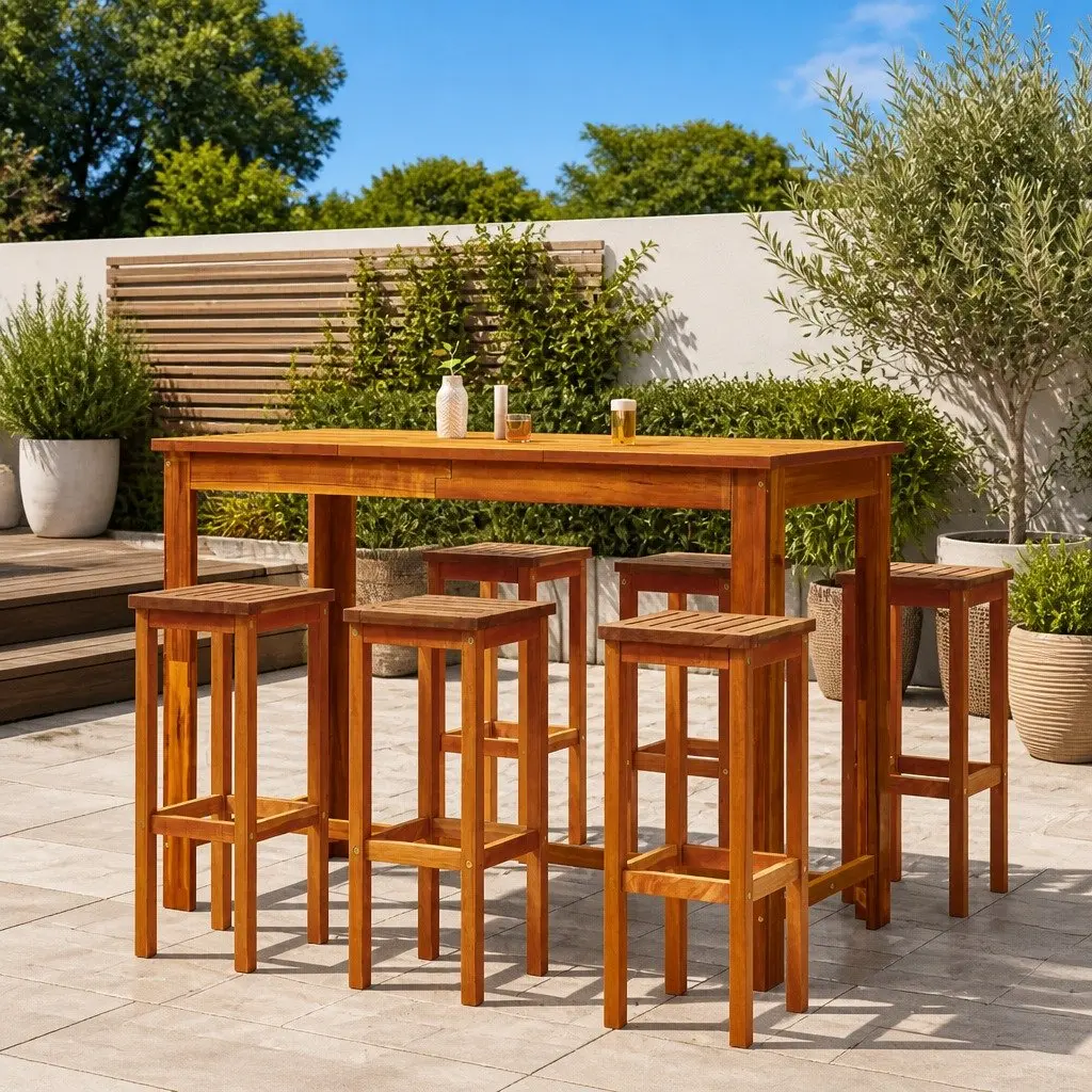 Solid Acacia Wood Outdoor Bar Stools Set of 6