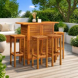 Elegant 5 Piece Outdoor Bistro Bar Set in Brown Acacia Wood