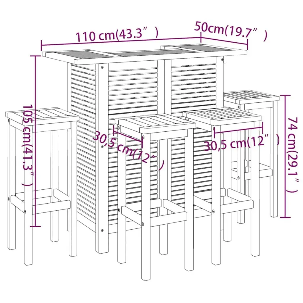 5 Piece Outdoor Bistro Bar Set in Brown Acacia Wood