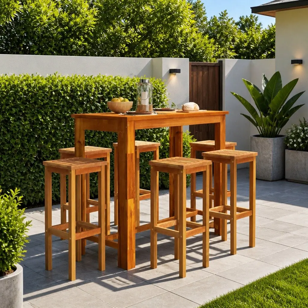 Garden Bar Set Solid Wood Acacia 7 Piece Brown Outdoor Furniture