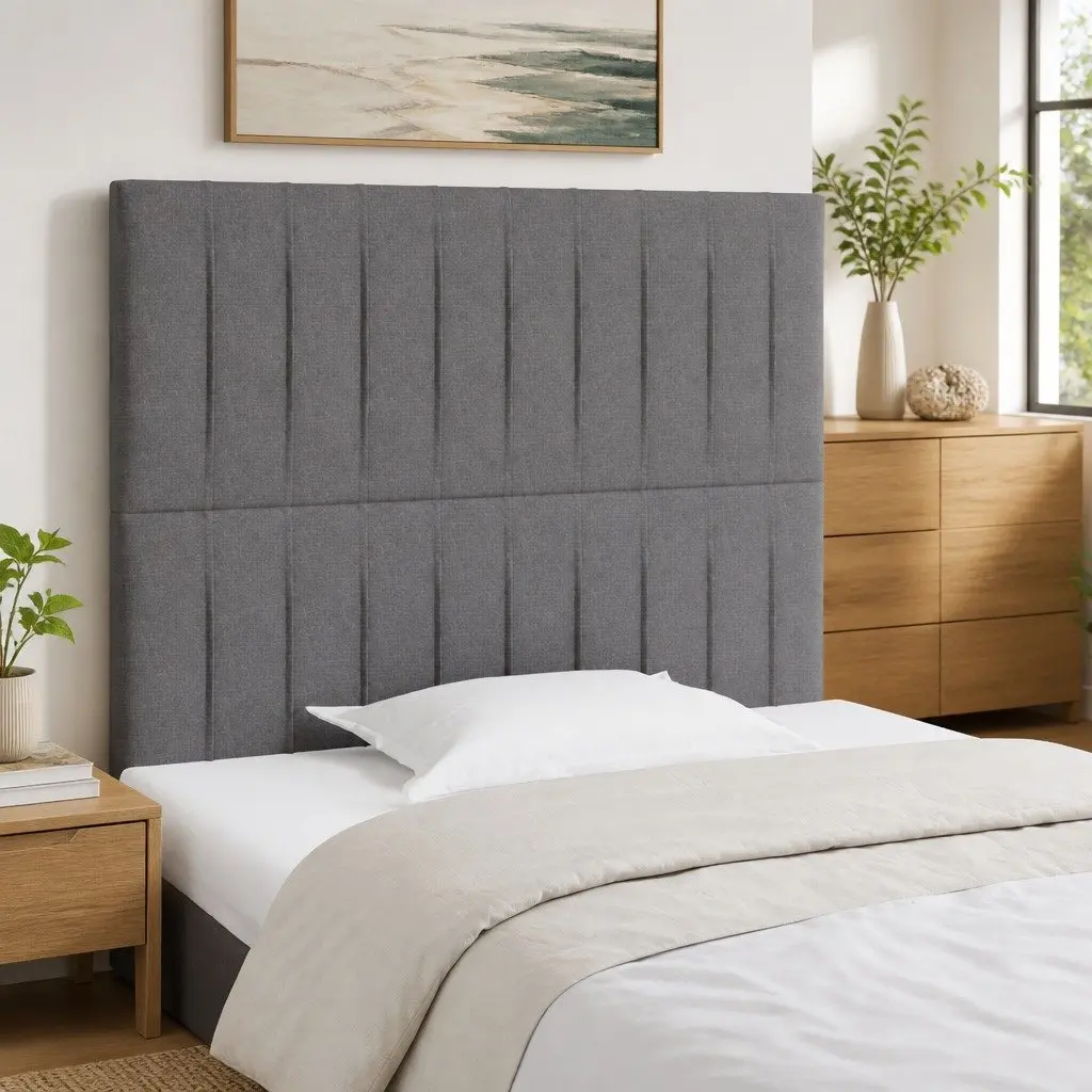 Adjustable Height Grey Fabric Headboard with Wooden Legs