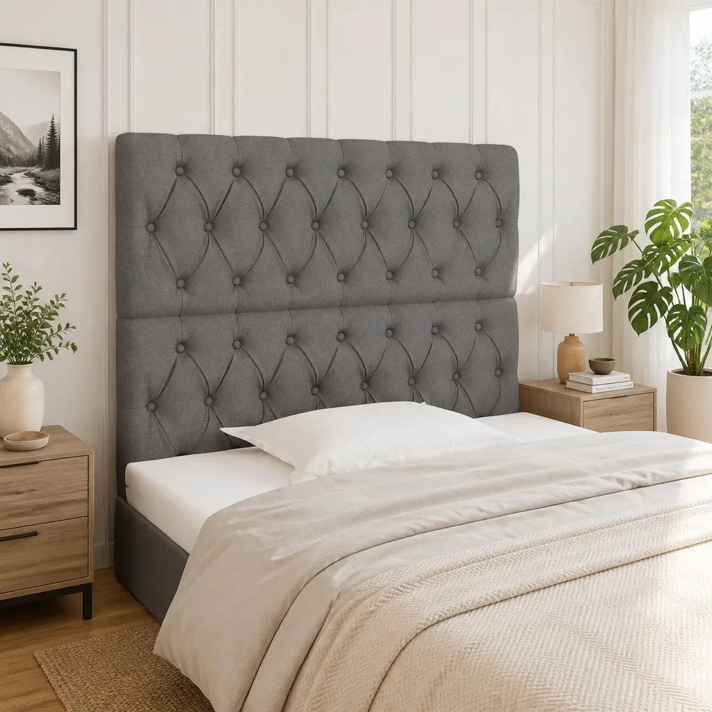 Adjustable Grey Fabric Headboard with Wooden Legs