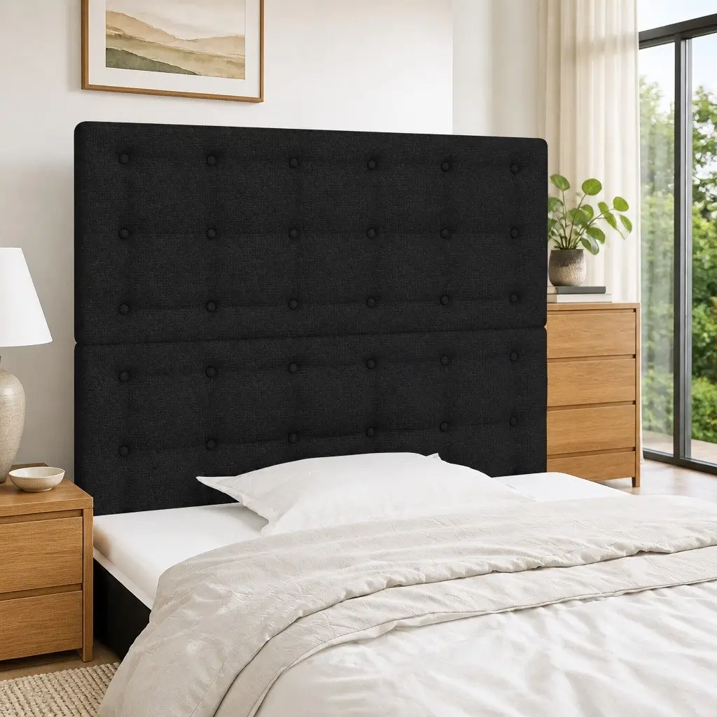Adjustable Height Black Fabric Headboard with Wooden Legs