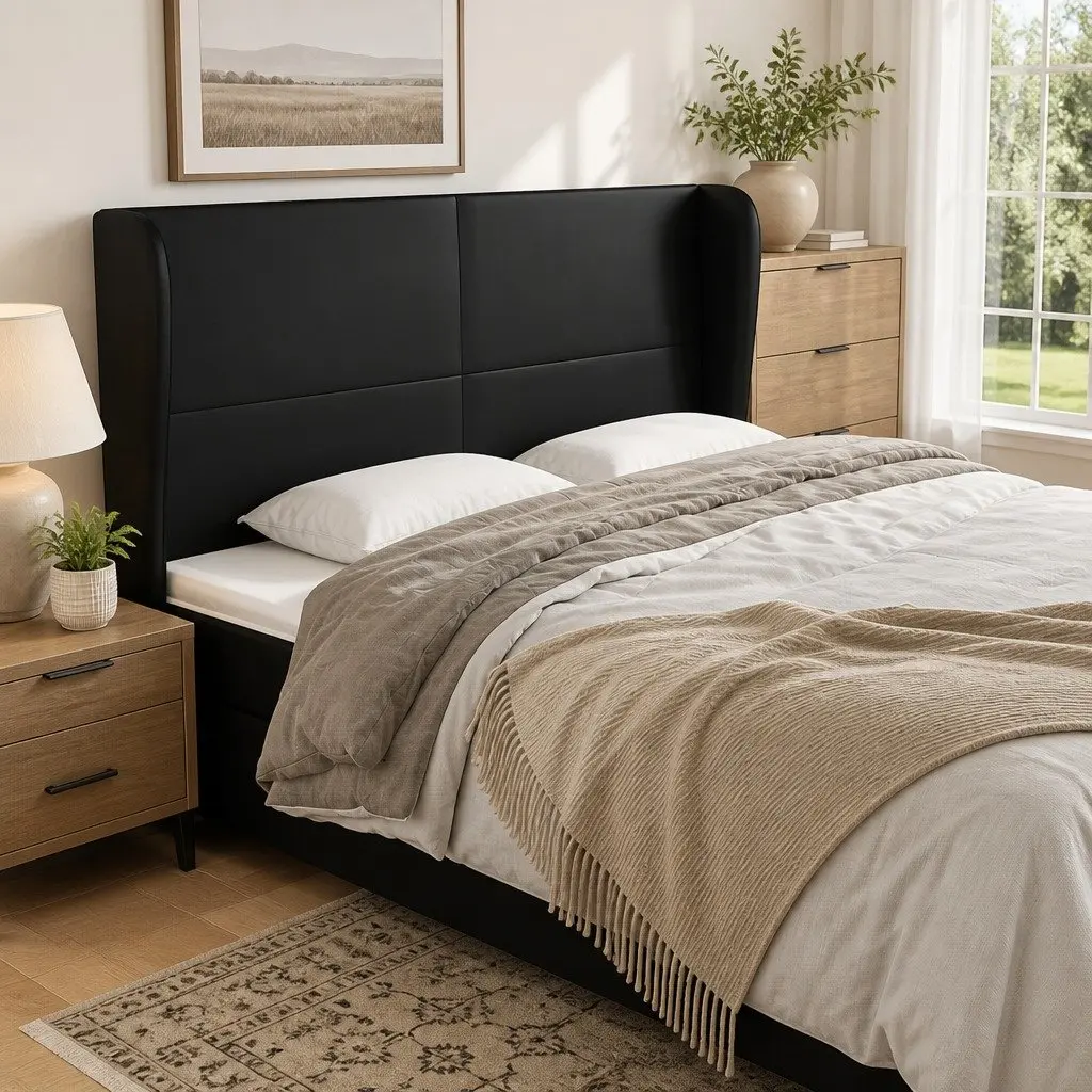 Black Faux Leather Headboard with Ears 163cm