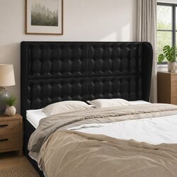 Black Faux Leather Headboard with Ears and Wooden Legs